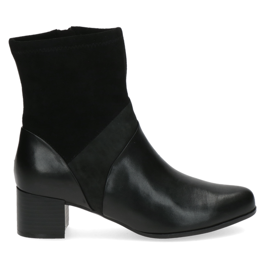 Caprice Black Comb Leather/Suede Heeled Ankle Boot.