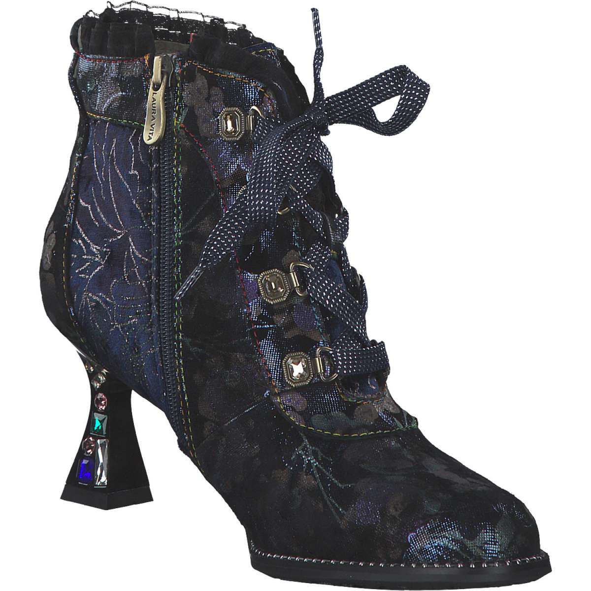 Laura Vita Oliveo 03 Blue Bleu Side Zip Lace Front Heel Ankle Boot. Only 3 and 5 left