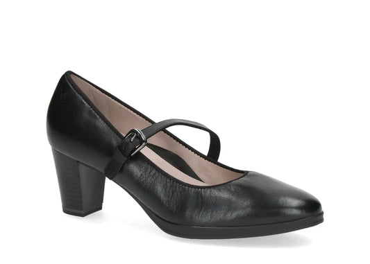 Caprice Black Leather Heeled Court Shoe with Buckle.