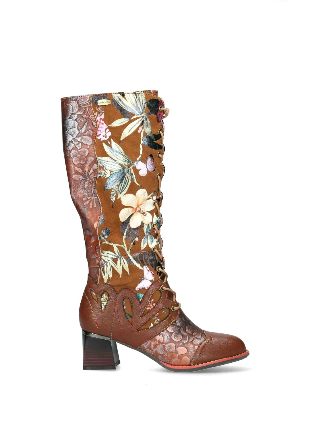 Laura Vita Gycroo 14 Camel Brown Lace Up Long Boot with Side Zip and Block Heel.