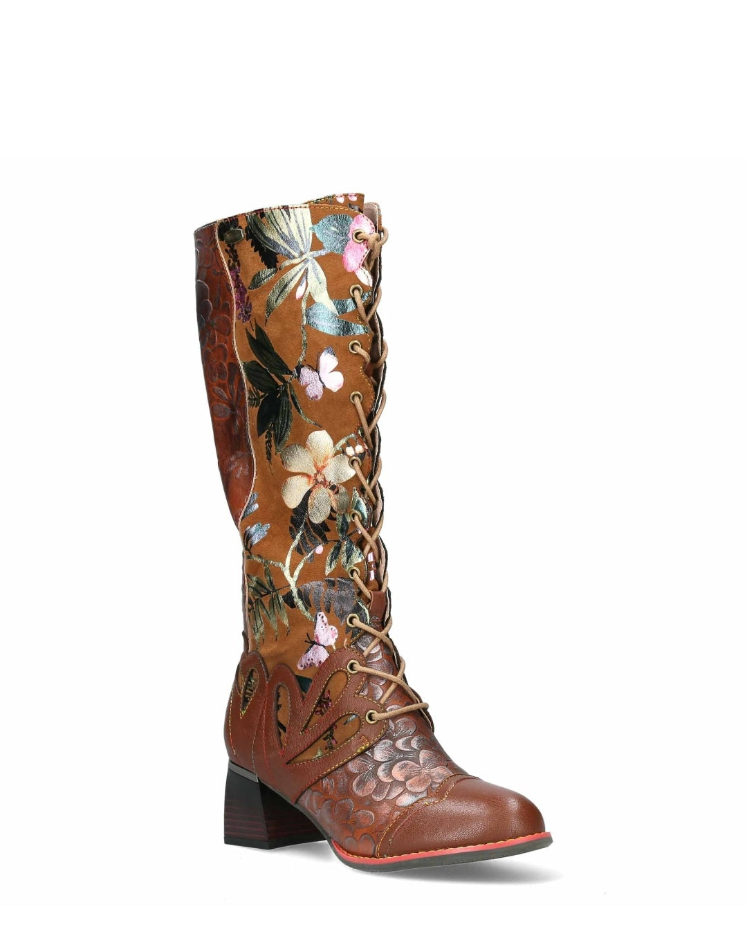 Laura Vita Gycroo 14 Camel Brown Lace Up Long Boot with Side Zip and Block Heel.