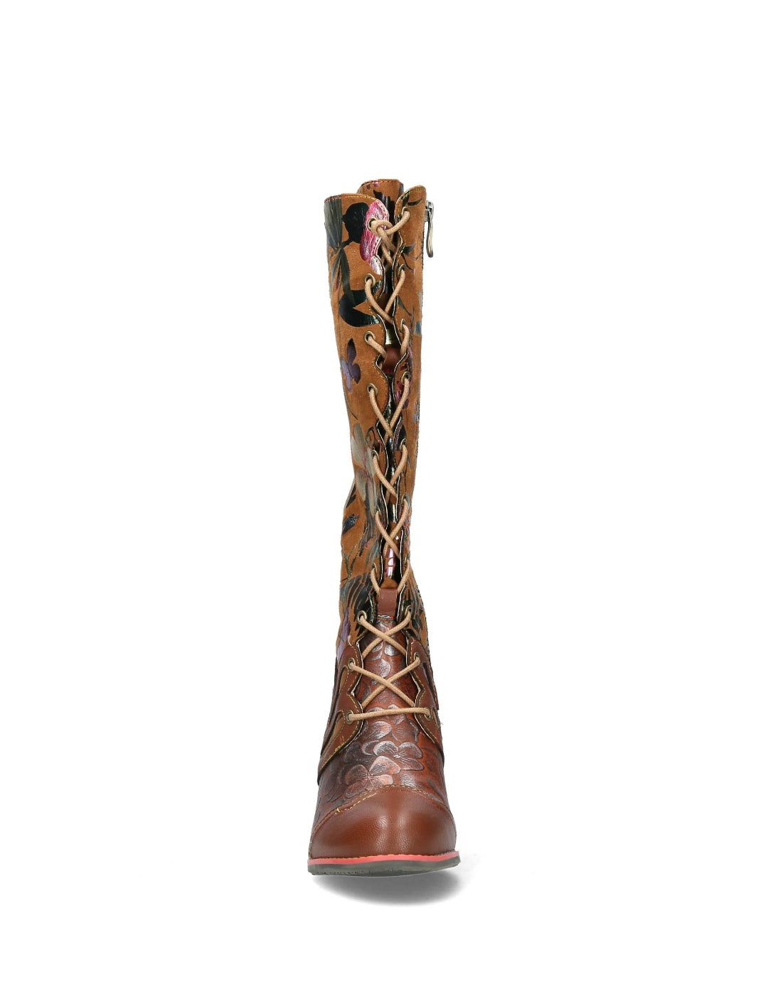 Laura Vita Gycroo 14 Camel Brown Lace Up Long Boot with Side Zip and Block Heel.