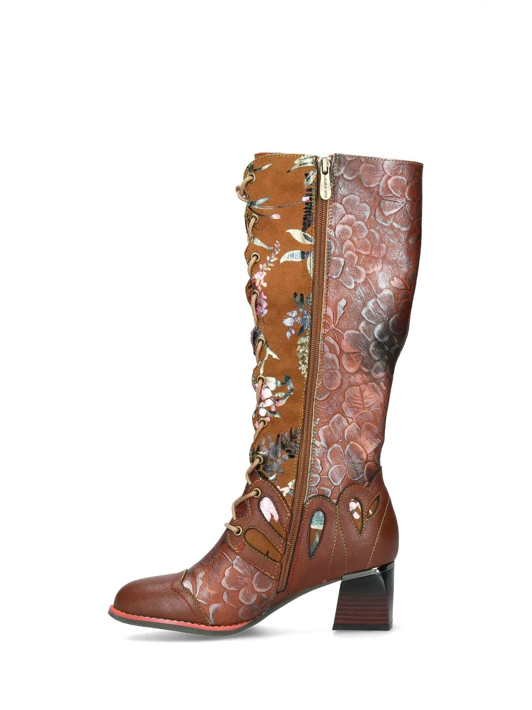 Laura Vita Gycroo 14 Camel Brown Lace Up Long Boot with Side Zip and Block Heel.