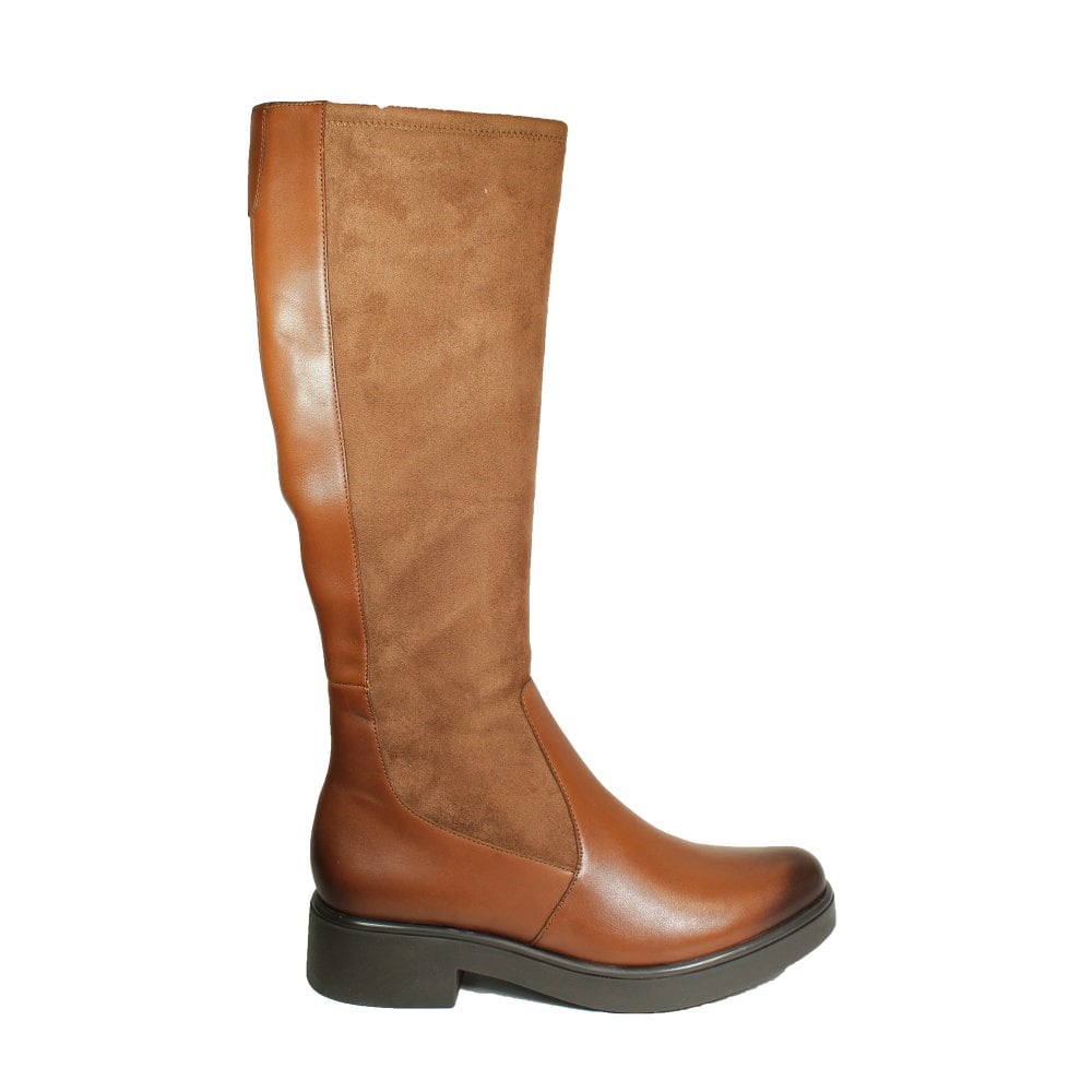 Caprice Cognac Comb Leather/Suede Block Heel Long Boot.