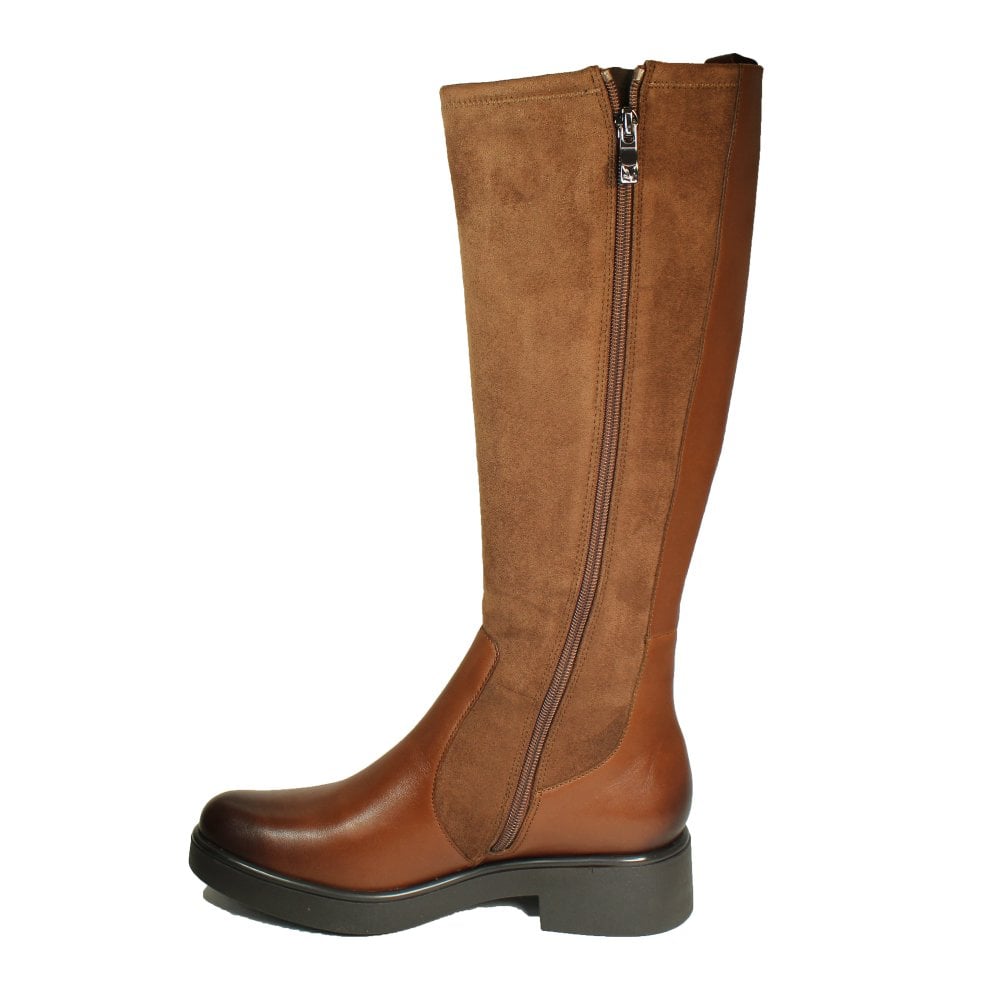 Caprice Cognac Comb Leather/Suede Block Heel Long Boot.