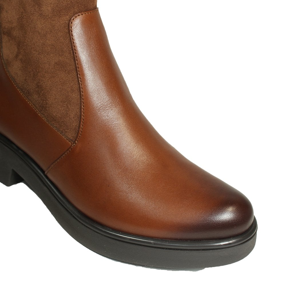 Caprice Cognac Comb Leather/Suede Block Heel Long Boot.