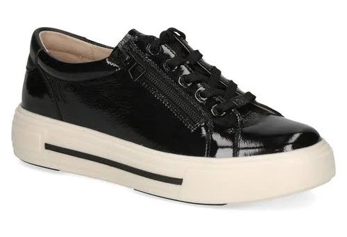 Caprice Black Patent Lace up Trainer with side zip