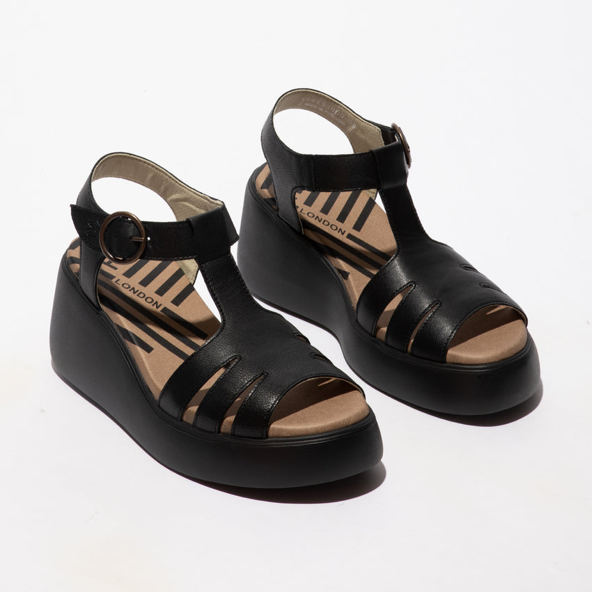 Fly London Duma955 Ceralin Black Leather Wedge Sandal with Buckle